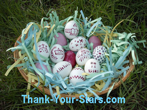 Easter Eggs in Basket on Green Grass