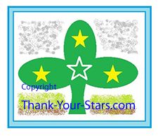 Shamrock Image with 3 solid yellow and 1 outline white stars on sky and earth background framed in blue