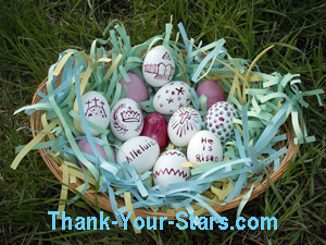 Easter Eggs in Basket on Green Grass Easter Eggs in Basket on Green Grass